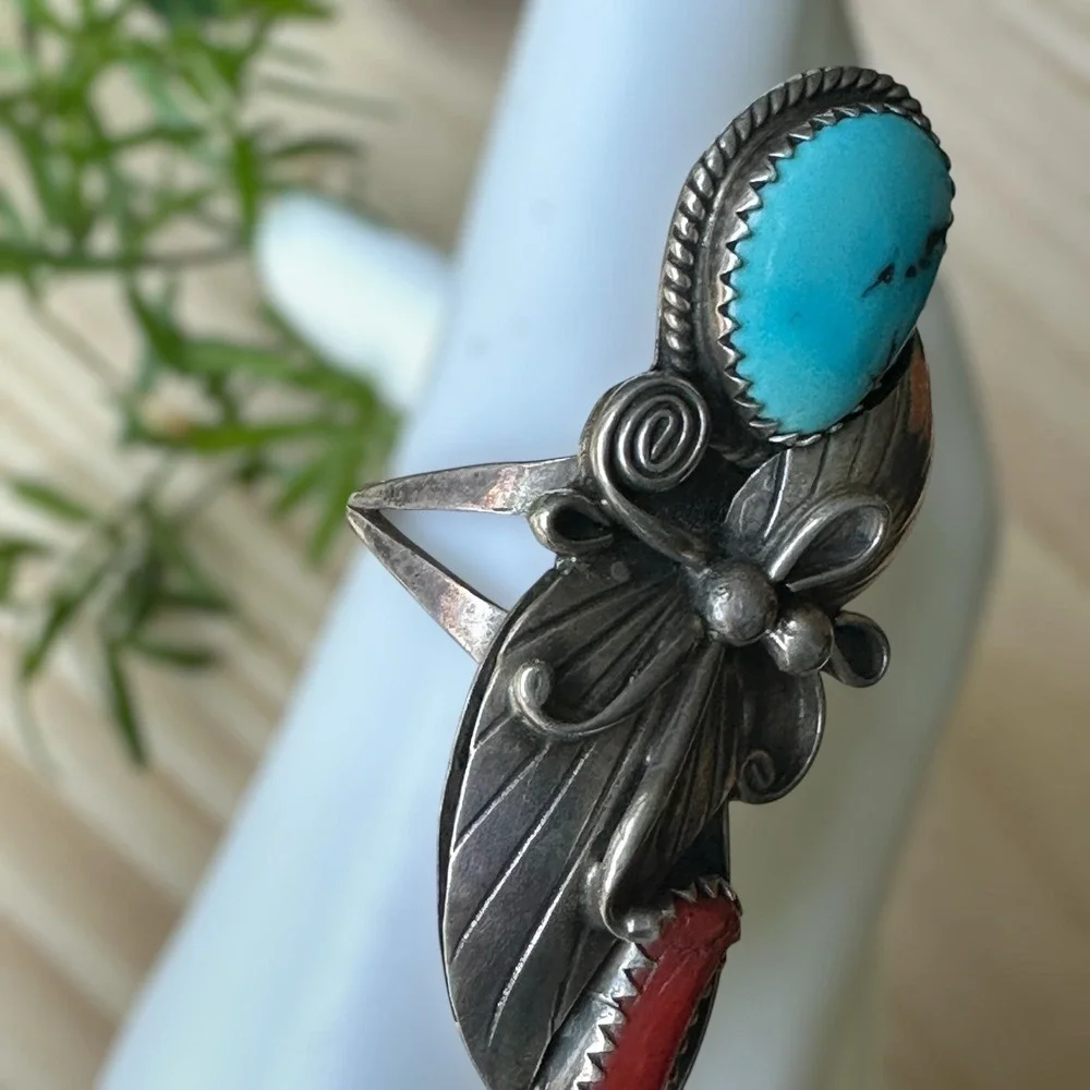 VTG‎ Navajo Ring Size 6.75 Turquoise Coral Floral Leaves Sterling Signed C 8.9g